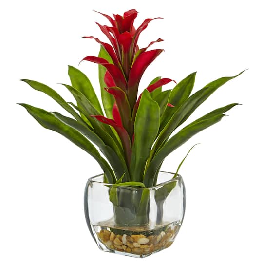 12" Red Bromeliad Arrangement in Glass Vase
